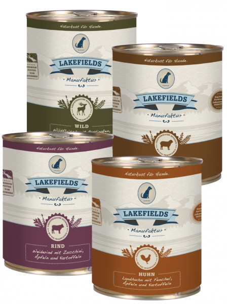 LAKEFIELDS MANUFAKTUR Probierset 4x 800g Sorten Mix - hoher Fleischanteil - Nassfutter für Hunde