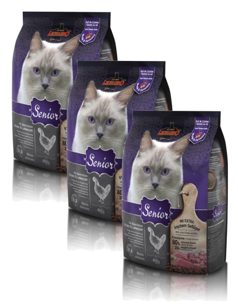 Katzen Trockenfutter - 3x Senior mit Geflügel &Reis 300g - Leonardo Katzenfutter - leichtverdaulich