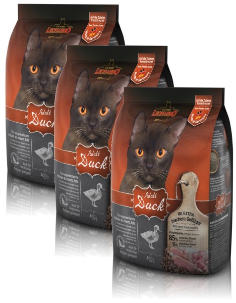 Katzen Trockenfutter - 3x Adult Duck mit Ente & Reis 300g - Leonardo Katzenfutter - leichtverdaulich