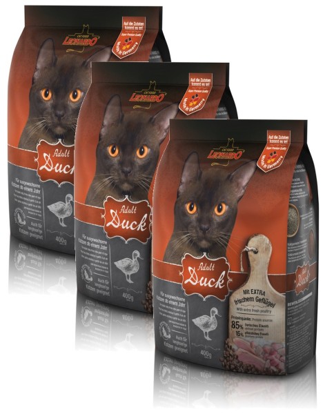 Katzen Trockenfutter - 3x Adult Duck mit Ente & Reis 400g - Leonardo Katzenfutter - leichtverdaulich