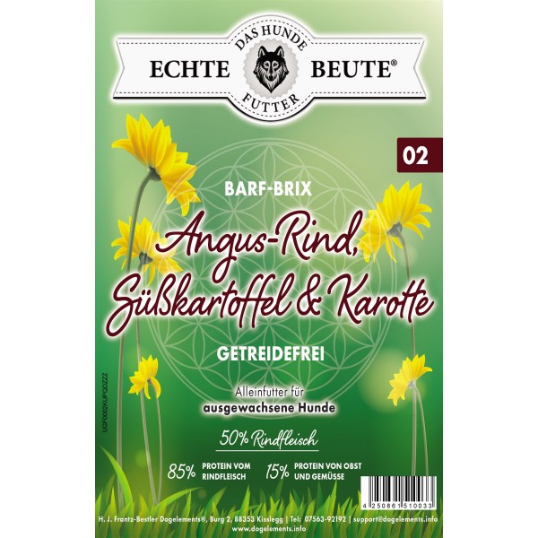 Dogelements-Echte Beute-Barf Brix Nr. 02 -2 Kg- Angus Rind, Süßkartoffel & Karotte