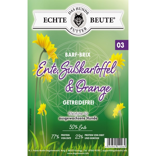 Dogelements-Echte Beute-Barf Brix Nr. 03 - 2 Kg - Ente, Süßkartoffel und Orange