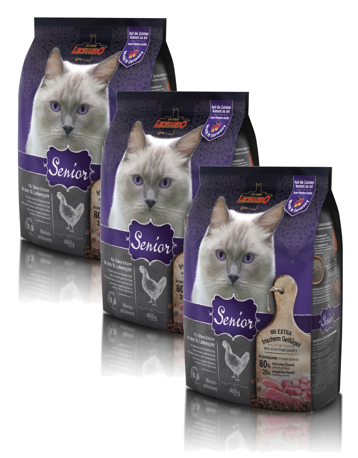 Katzen Trockenfutter - 3x Senior mit Geflügel &Reis 400g - Leonardo ...