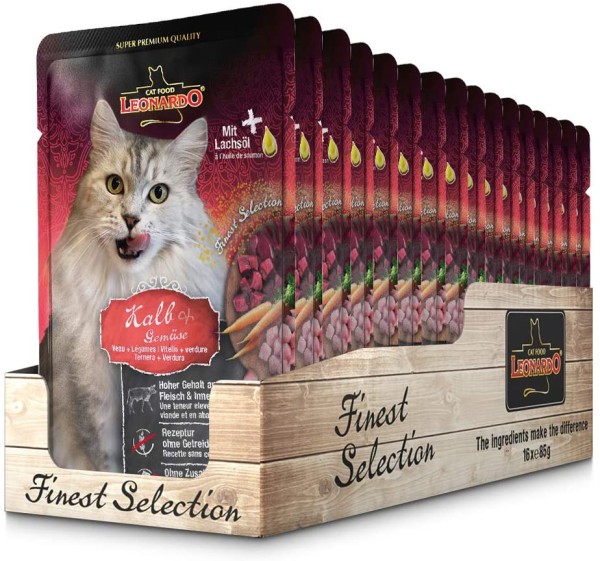 Leonardo Katze Kalb + Gemüse Frischebeutel 16 x 85g Premium Katzenfutter