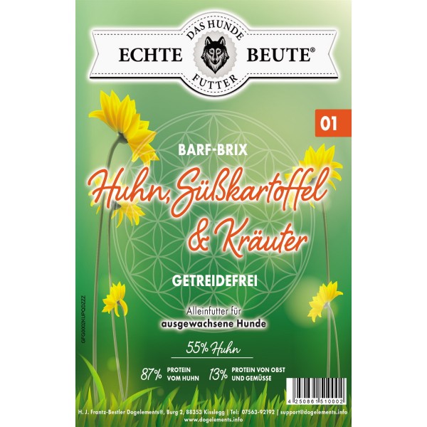 Dogelements - Echte Beute - Barf Brix Nr. 01 - 2 kg - Huhn, Süßkartoffel, Kräuter