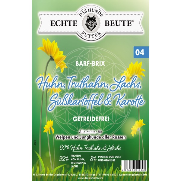 Dogelements-Echte Beute-Barf Brix Nr.04-2kg-Huhn,Truthan,Lachs,Süßkartoffel